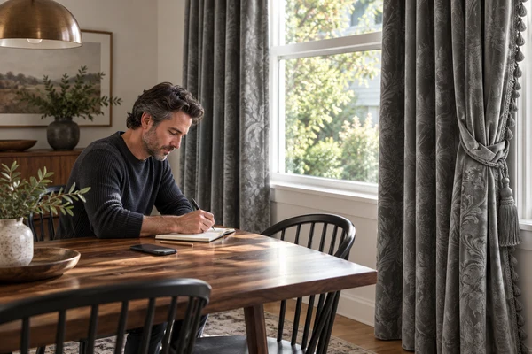 Homeowner noting afternoon sun beside gray dining-room curtains