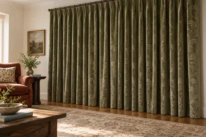 Olive jacquard curtains hanging in deep folds beside a living-room armchair