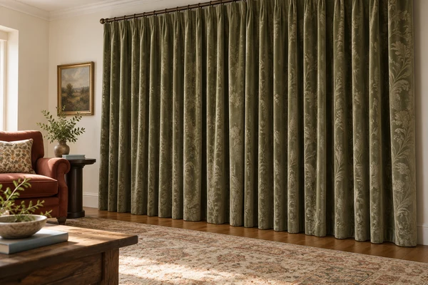 Olive jacquard curtains hanging in deep folds beside a living-room armchair