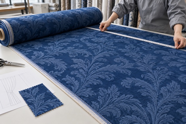 Technician measuring usable width across blue curtain fabric on a cutting table