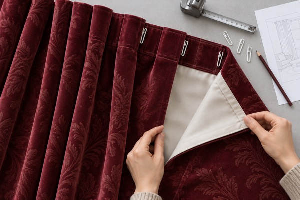 Buyer reviewing burgundy drapery heading and lining samples beside a room drawing