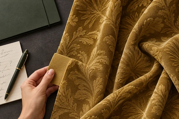 Ochre curtain fabric sample beside a folder and handwritten purchase notes