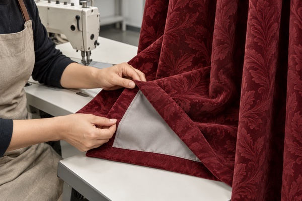 Technician inspecting the lining and turned hem of a burgundy jacquard curtain