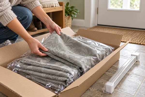 Grey curtain panels and a protective carton being checked in a home entryway
