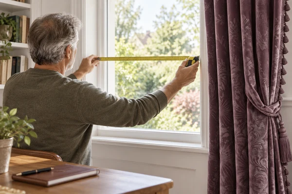 Homeowner reviewing window measurements beside muted-plum jacquard curtains