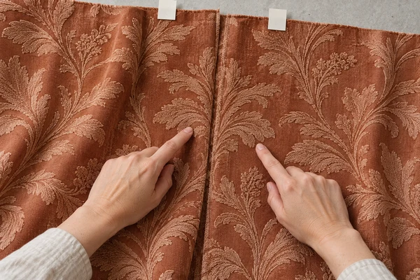Terracotta jacquard fabric widths arranged side by side for a pattern-layout review