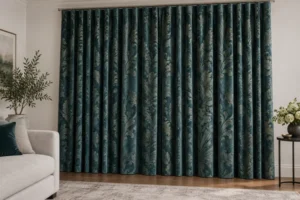 A full-length teal jacquard curtain pair displayed closed in a living room