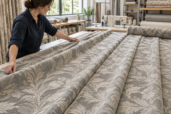 Textile worker reviewing silver-grey patterned curtain fabric on a long workbench