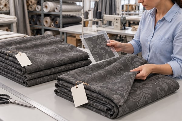 Technician checking a retained charcoal curtain cutting beside separately grouped panels