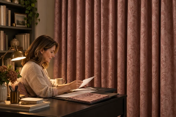 Homeowner reviewing written curtain-order questions in a study with rose curtains