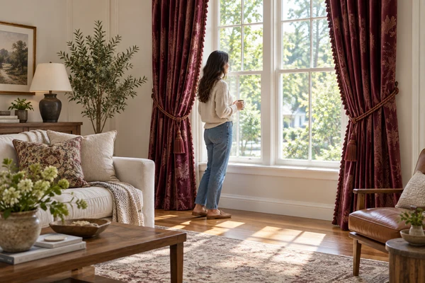 Homeowner reviewing a sunny living-room window beside burgundy curtains