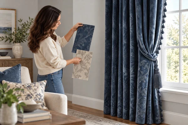 Homeowner comparing curtain fabric swatches beside blue jacquard curtains in a living room