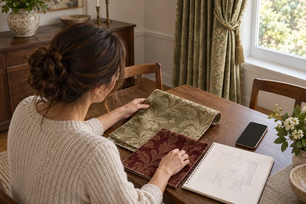 Homeowner preparing a curtain color shortlist with fabric samples and a notebook