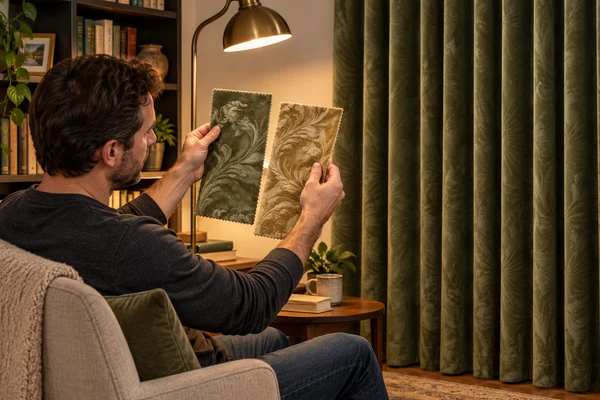 Olive and muted-gold curtain swatches being compared under a reading lamp