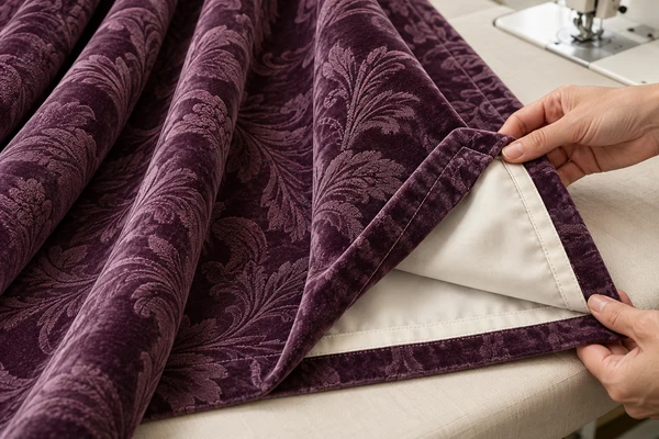 Plum jacquard curtain and pale lining shown together on a workroom table