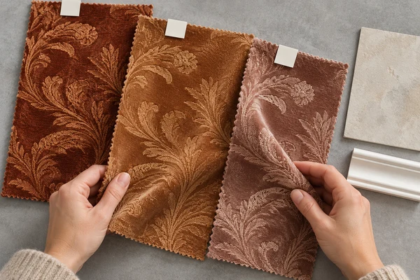 Russet and copper curtain fabric swatches arranged beside a wall finish card
