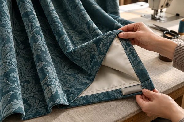 Hands reviewing the pale lining and finished hem of a teal jacquard curtain