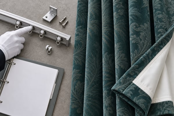 Teal lined drapery beside a track section, carriers and bracket on a review bench