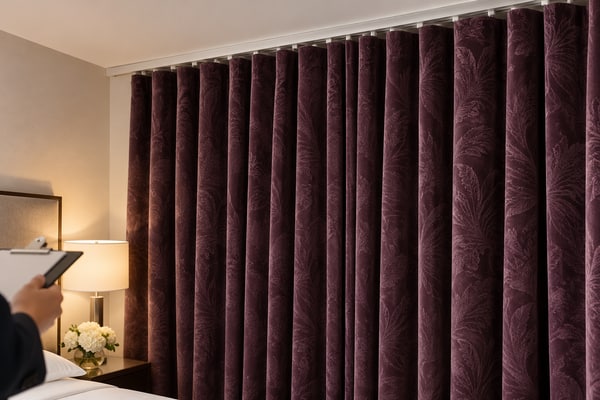 Closed aubergine hotel curtains hanging from a white ceiling track