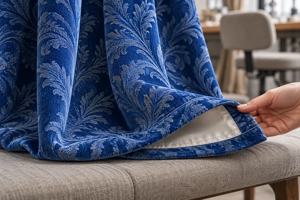 Close view of a blue jacquard curtain hem and sewn-in lining