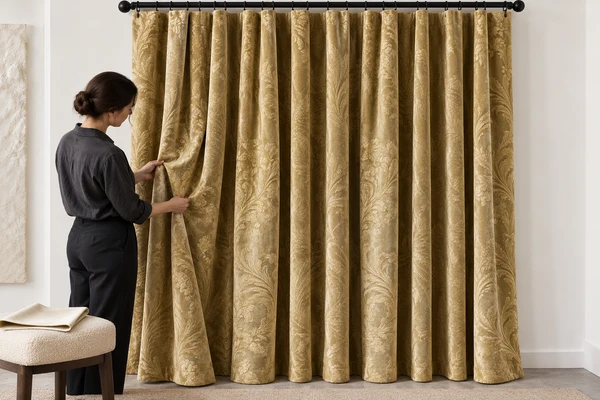 Muted-gold lined jacquard curtain sample hanging from a workroom display rail