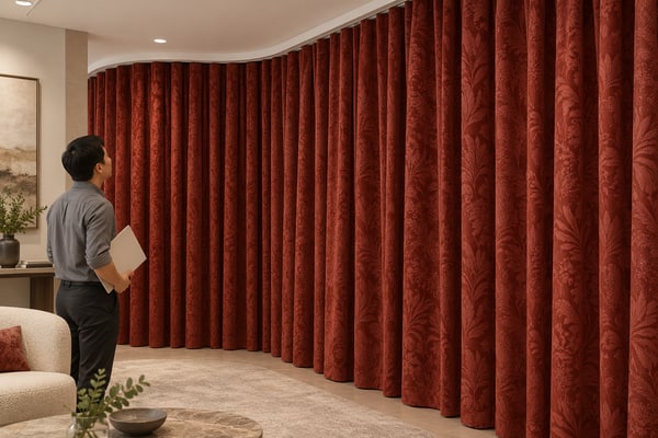 Reviewer looking at a curved ceiling track with brick-red jacquard curtains