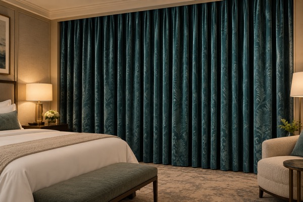 Deep teal hotel curtains closed across a full-height opening in an illustrative guest room