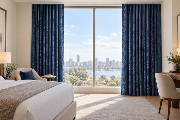 Blue hotel curtain stacks drawn open on either side of a large window