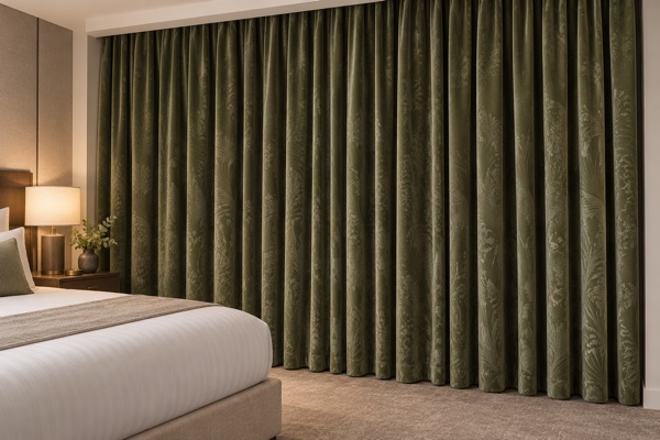 Closed opaque jacquard hotel curtains illustrating a railroaded curtain fabric layout review