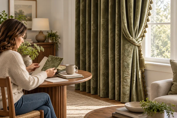Homeowner planning a small custom curtain order beside olive jacquard drapery