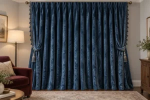 Sapphire blue velvet curtain panels with deep folds in a living room