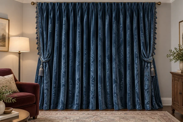 Sapphire blue velvet curtain panels with deep folds in a living room
