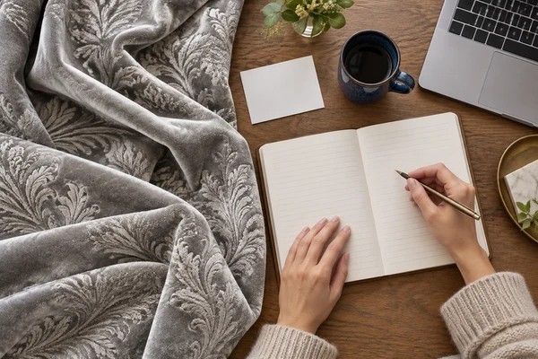 Silver gray velvet reference beside an order notebook on a homeowner desk