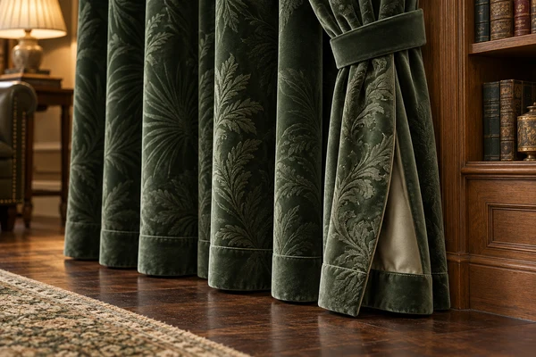 Forest green velvet drapery folds and finished hem beside a home library bookcase